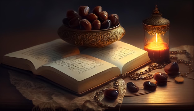 Abriu o Alcorão perto da vela e doces datas Ramadã o tempo sagrado para oração generativa ai