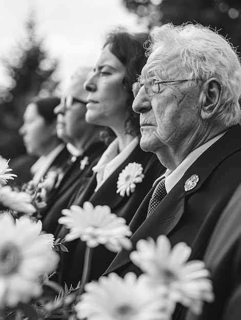 Foto abschiedszeremonie für den verstorbenen friedhof grabstein traurige menschen in schwarzen schwanzmanteln stehen in der nähe des grabsteins