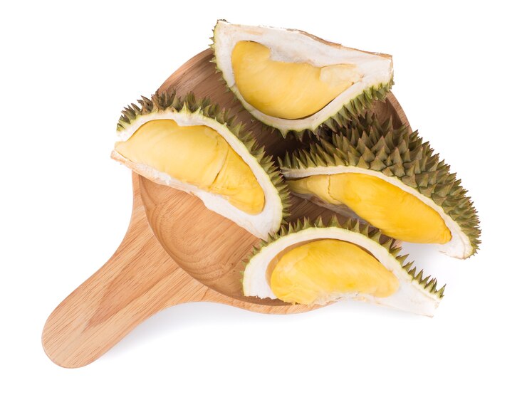 Abschluss herauf Schuss auf Durian, süßer König der Früchte auf hölzernem Hintergrund