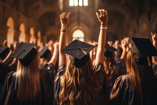 Abschlussfoto Eine Gruppe von Studenten mit Abschlusskappen steht in einer Menschenmenge