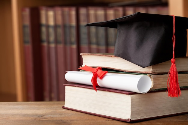 Abschlusshut auf Stapel Bücher und Diplom