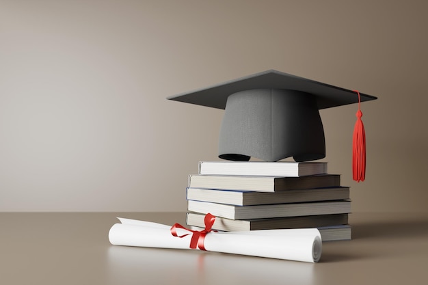 Abschlusskappen und Diplome auf gestapelten Büchern 3D-Rendering