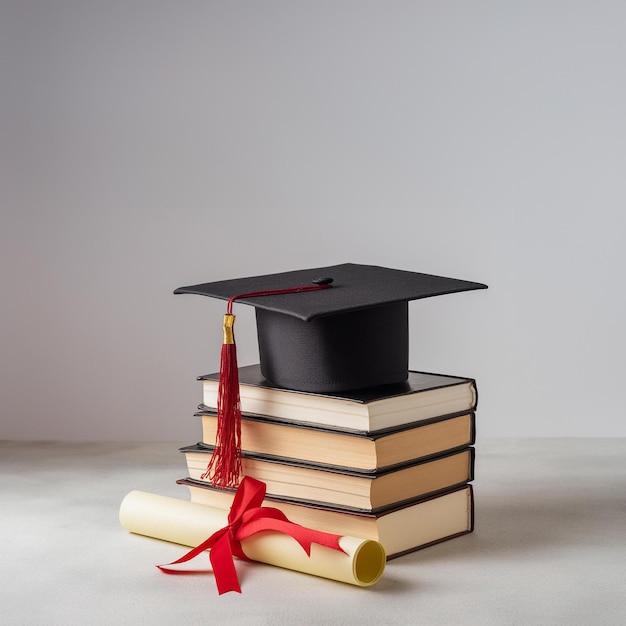 Abschlusskarton auf Büchern mit rotem Pergamentrollen