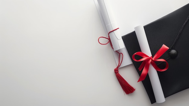 Foto abschlussmütze mit einem diplom, das mit einem roten band verbunden ist, das akademische leistungen darstellt