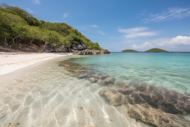 Abseits der ausgetretenen Pfade gelegener Strand mit kristallklarem Wasser und weichem Sand, der mit generativer KI geschaffen wurde