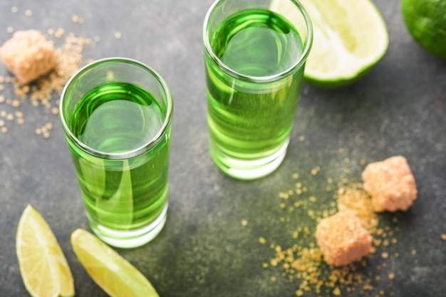 Absinth Zwei Gläser Absinth mit Rohrzucker und Limette auf dunklem Hintergrund Starkes alkoholisches Getränk Barkartenkonzept Platz für Text