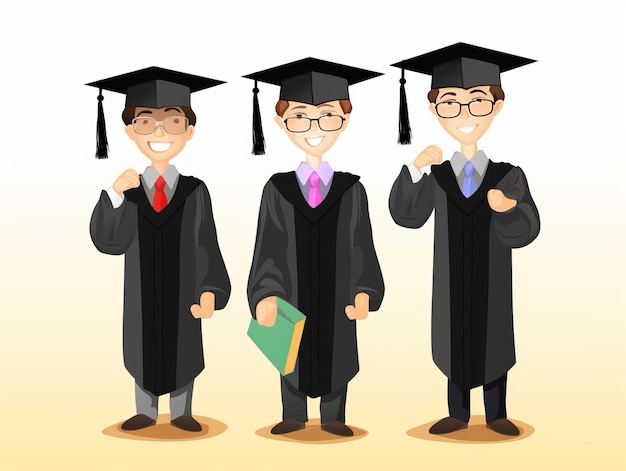 Absolventen in akademischen Gewändern und Hüten. Cartoon-Vektorillustration