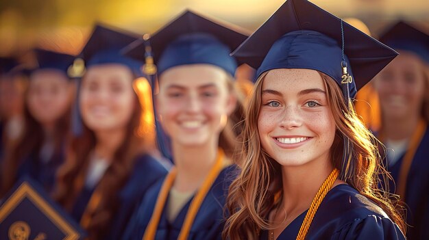 Absolventen in blauen Hüten und Kleidern halten stolz ihre Diplome im Sonnenuntergang