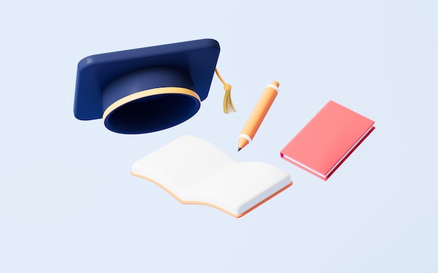 Absolventenmütze und Bücher auf blauem Hintergrund, 3D-Darstellung