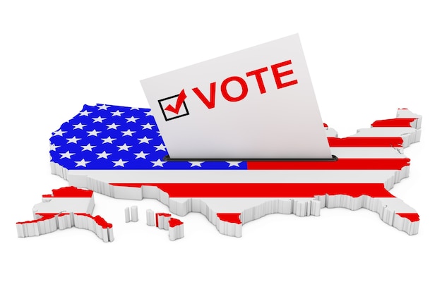 Abstimmung im USA-Konzept. Wahlkarte halb in Wahlurne in Form der USA-Karte mit Flagge auf weißem Hintergrund eingefügt. 3D-Rendering