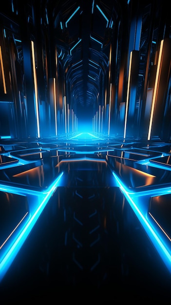 Abstração 3D futurista O néon azul vívido irradia em uma ilustração em preto profundo Parede móvel vertical