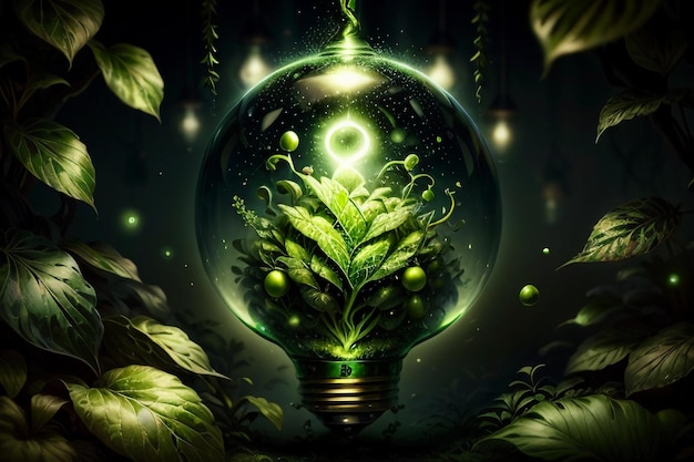 Abstração criativa de homem de videira em lâmpada em garrafa de vidro com folhas de planta verde em fundo