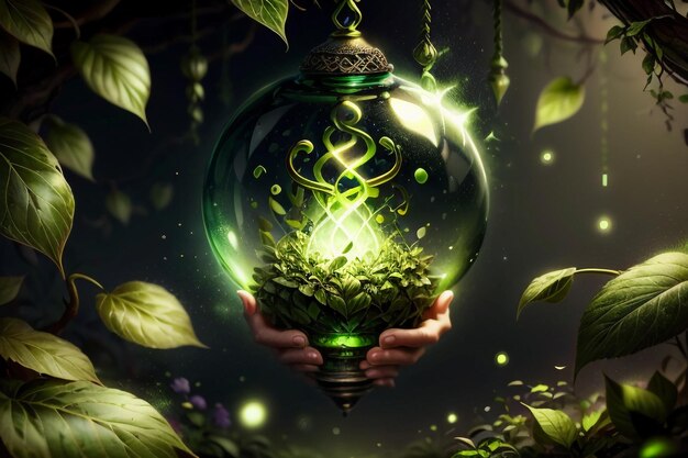 Abstração criativa do homem da videira em lâmpada em garrafa de vidro com planta verde deixa fundo