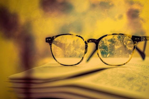 Abstração de dupla exposição com óculos de leitura no fundo embaçado da parede amarela