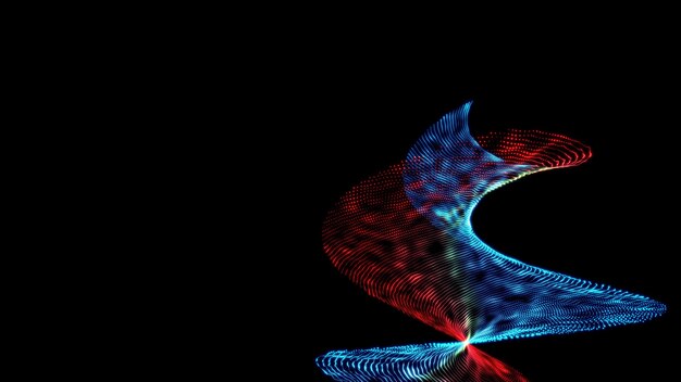 Abstracción azul-roja de partículas sobre un fondo negro ola de partículas de color claro