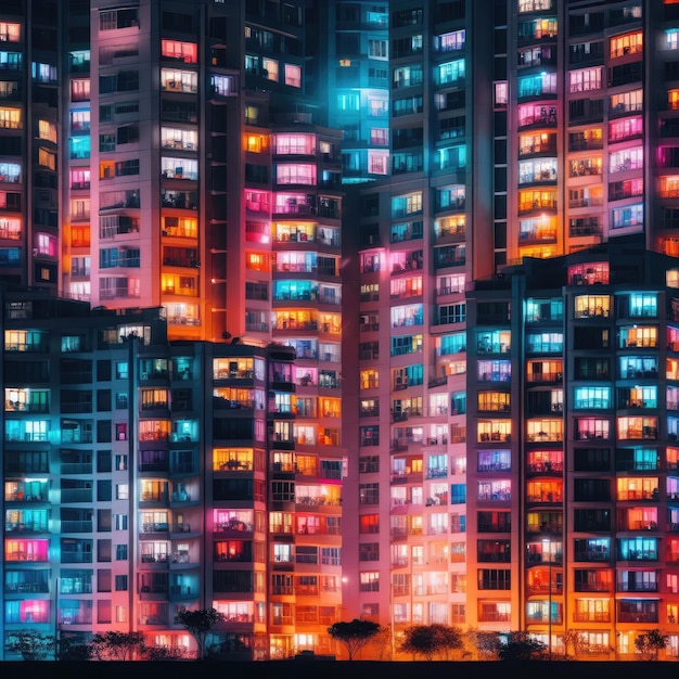 Abstracción de edificios de varios pisos con luces en las ventanas