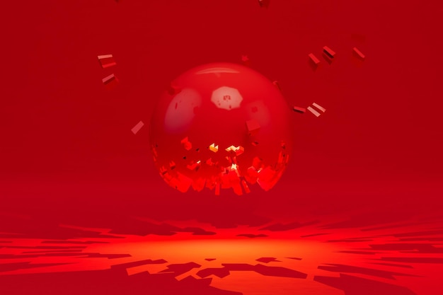 Una abstracción de una esfera de dispersión de rojo sobre un fondo rojo 3D Render