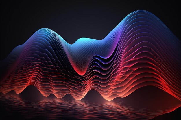 Una abstracción de una onda de gradiente con puntos con partículas rojas y azules brillantes IA generativa