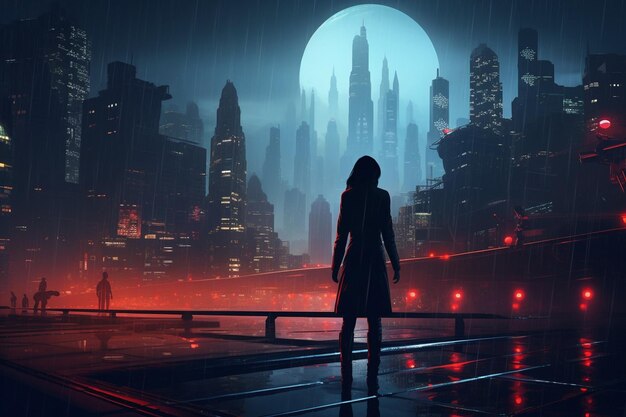 Abstracción del paisaje urbano futurista con elementos retroondas y cyberpunk en el fondo de renderización d