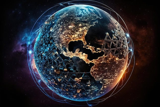 Una abstracción de una red global de telecomunicaciones en todo el mundo con nodos conectados en todo el EarthGenerative AI