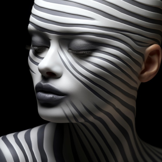 Abstract 2d Concept Girl con maquillaje y zebrastripe en plata oscura y blanco