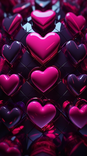 Abstract 3D glänzendes Herz-Wandpapier mit dunkelviolettem Hintergrund Valentinstagskonzept generiert von KI