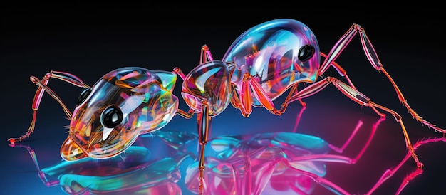 Foto abstract 3d holograma colorido desenho de animal formiga em fundo escuro gerado por ia
