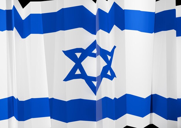 Abstract 3D-Illustration der israelischen Flagge auf Papier mit vertikalen Falten auf schwarzem Hintergrund