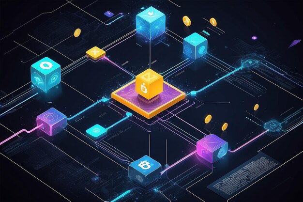 Foto abstract blockchain-technologie-konzept isometrische digitale blöcke verbindung von daten, die eine kryptowährungs-blockchain darstellen