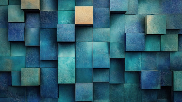 Abstract Blue Cube Mosaic Ein strukturiertes 3D-Muster aus ineinander verknüpften Würfeln in Schattierungen von Teal Turquoise und Deep Blue