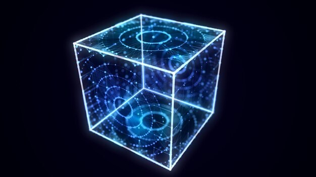 Abstract blue cube with connecting dots and lines Big data visualization Blockchain technology concept Wireframe network connection structure with circle 3d rendering