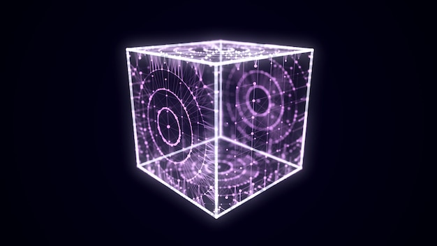 Abstract blue cube with connecting dots and lines Big data visualization Blockchain technology concept Wireframe network connection structure with circle 3d rendering