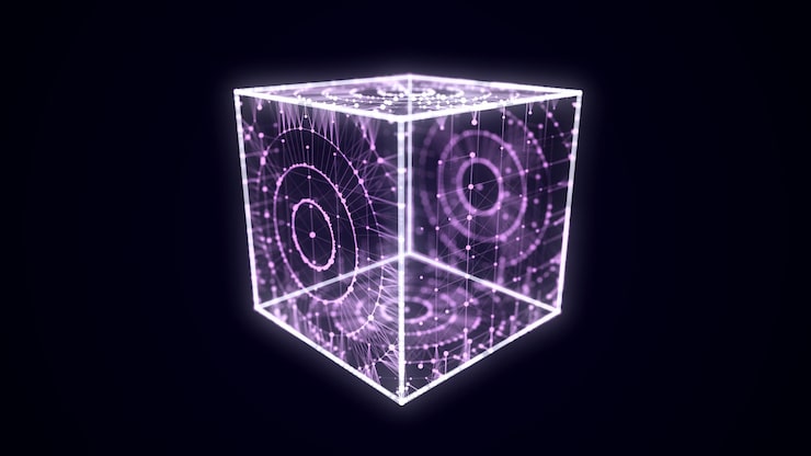 Foto abstract blue cube with connecting dots and lines big data visualization blockchain technology concept wireframe network connection structure with circle 3d rendering