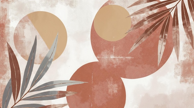 Abstract botanical art with geometric shapes and leaves in neutral tones