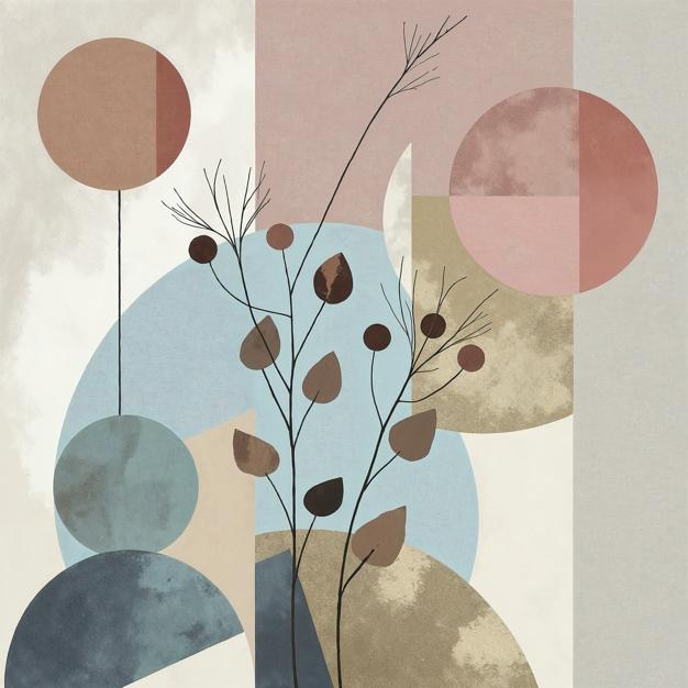 Abstract Botanical Composition with Geometric Shapes and Earthy Tones