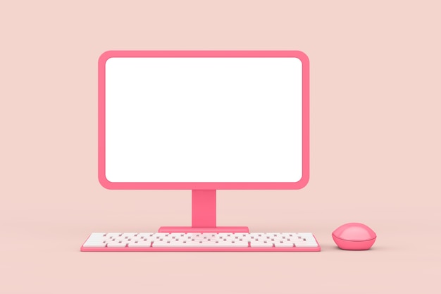 Abstract Cartoon Pink Desktop Computer com mouse, teclado e tela em branco para seu projeto no estilo Duotone em um fundo rosa. Renderização 3D