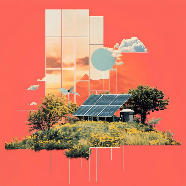 Abstract Collaje de paneles solares, turbinas eólicas y elementos de la naturaleza