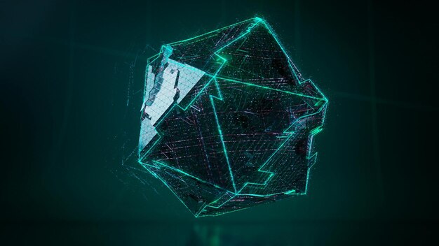 Abstract Cyberpunk Crystal Cube with Glowing Lines