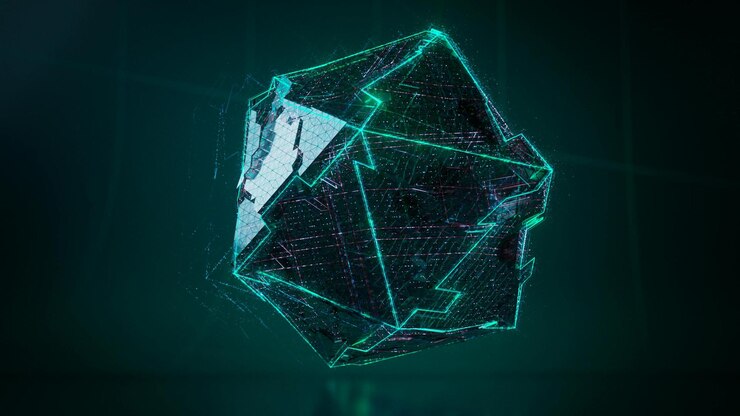 Abstract Cyberpunk Crystal Cube with Glowing Lines