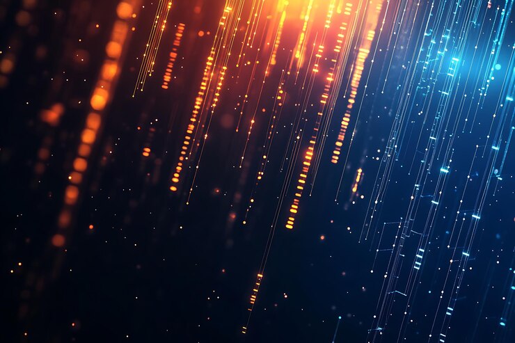 Abstract Digitale Lichtstreifen mit orangefarbenen und blauen Partikeln