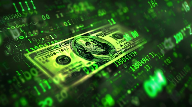 Abstract Digitales Dollarkonzept mit Binärcode und Währungssymbolik auf grünem Hintergrund