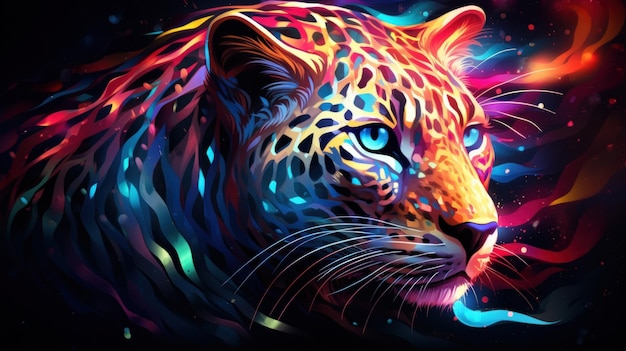 Abstract Fantasy Colorful Leopard Wild Cat Animal em fundo escuro imagem gerada por IA