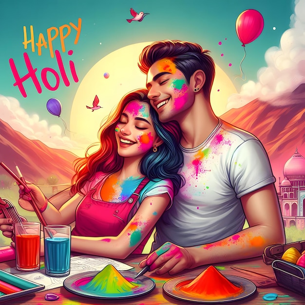 Abstract farbenfrohe Happy Holi Hintergrund Happy Holi feiern auf Paar
