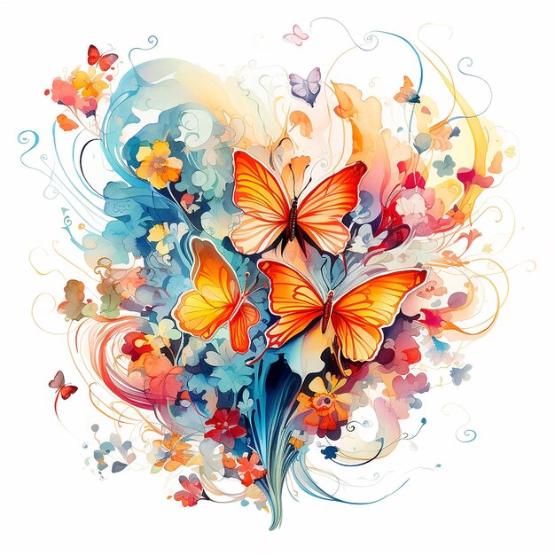 Abstract Flutter Aquarela de borboletas e flores Arte generativa
