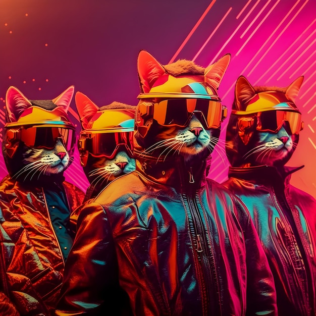 Abstract Funky Cats ilustração de banda de música pop retrô elegante e padrão coroful