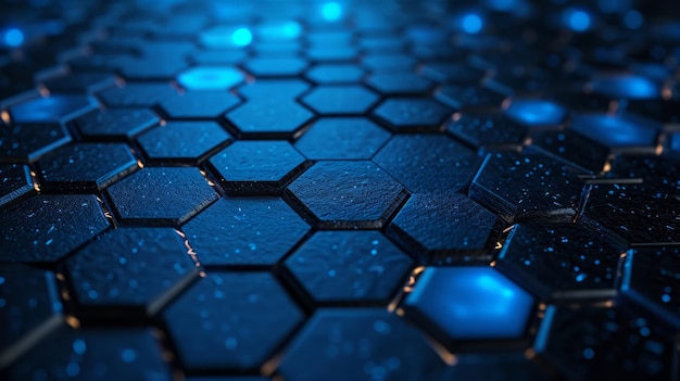 Abstract Glowing Blue Hexagon Pattern Macro Background com Design Digital e Componentes Eletrônicos