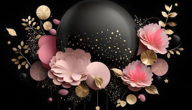 Abstract Gold Schwarze und rosa Kugeln Konfetti rosa Blumen schwarzer Hintergrund Neujahrsparty und Feiern