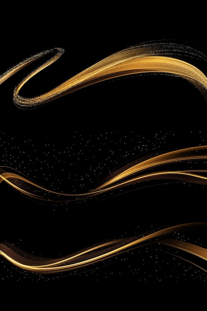 Abstract Gold Waves Glänzende goldene bewegliche Linien Designelement auf dunklem Hintergrund für Grußkarten und Rabatt-Gutscheine