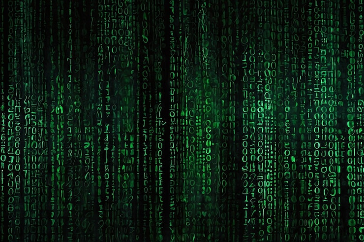Foto abstract grüner binärcode überlappt sich auf dunklem hintergrund