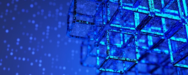 Abstract-Hintergrund aus Blöcken Künstliche Intelligenz Maschinelles Lernen Datenhintergrund Große Daten Blockchain-Technologie Netzwerkstruktur Hintergrund Breite Banner 3D-Rendering